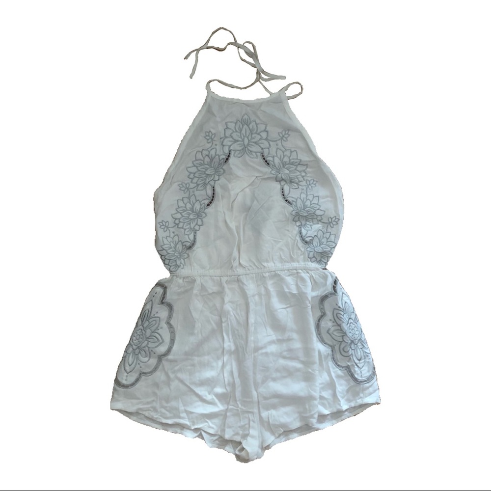 White Halter Romper with Embroidered Floral Detail